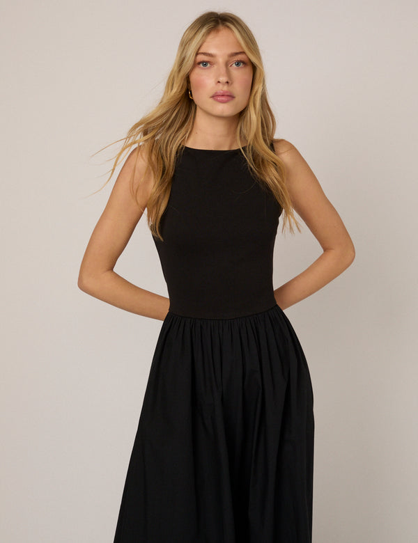 Black Fitted Bodice Eliana Midi Dress