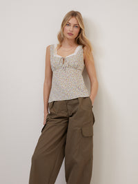 White Floral Sweetheart Neck Top