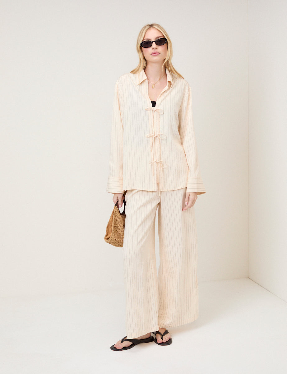 Cream Pinstripe Tie Front Shirt