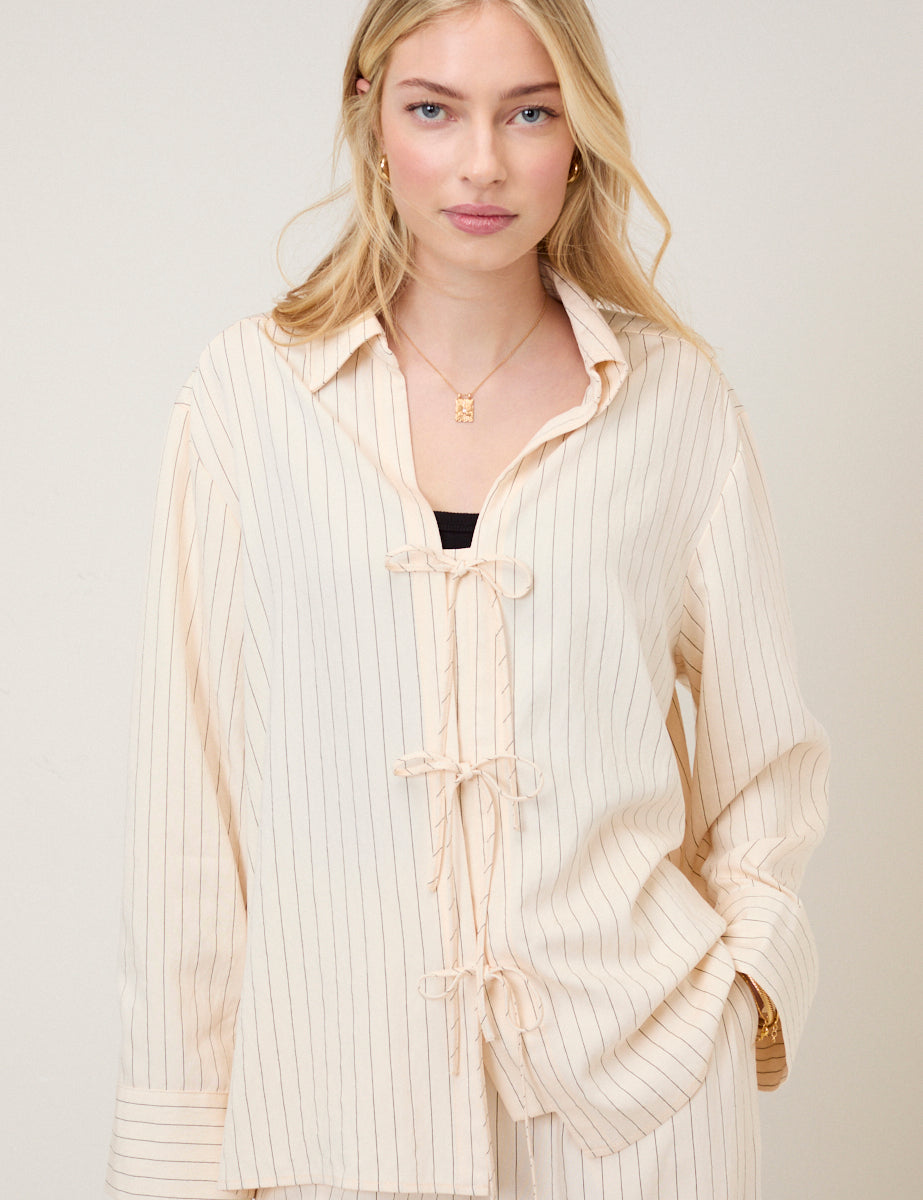 Cream Pinstripe Tie Front Shirt