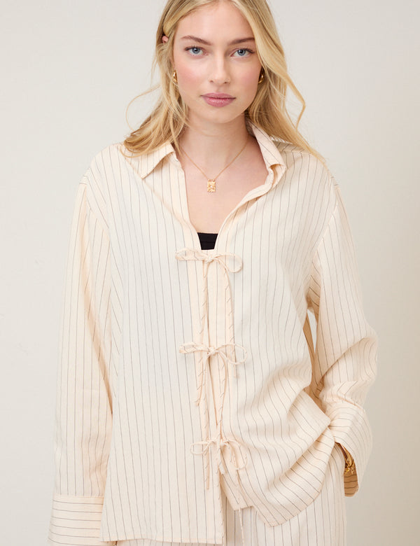 Cream Pinstripe Tie Front Shirt