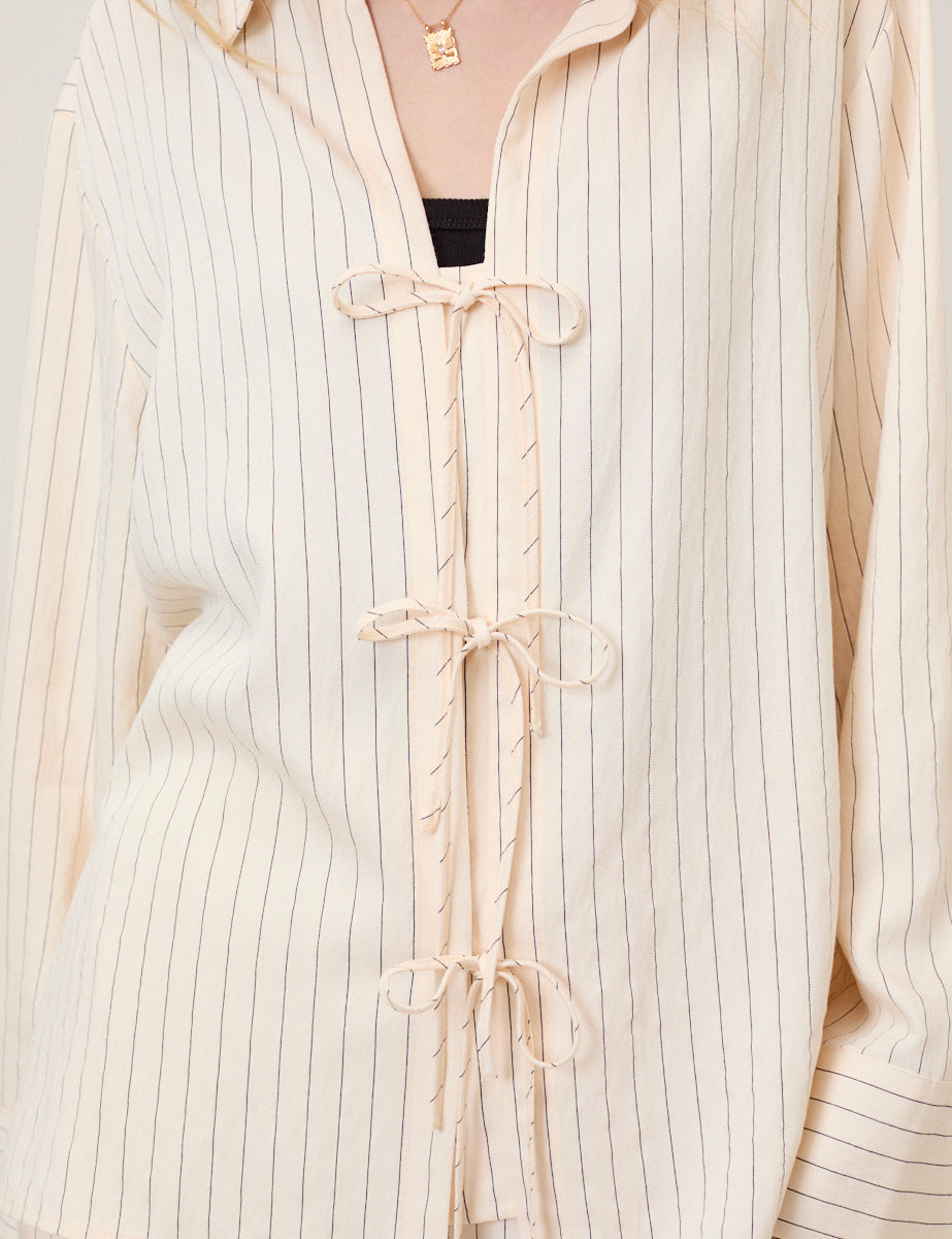 Cream Pinstripe Tie Front Shirt