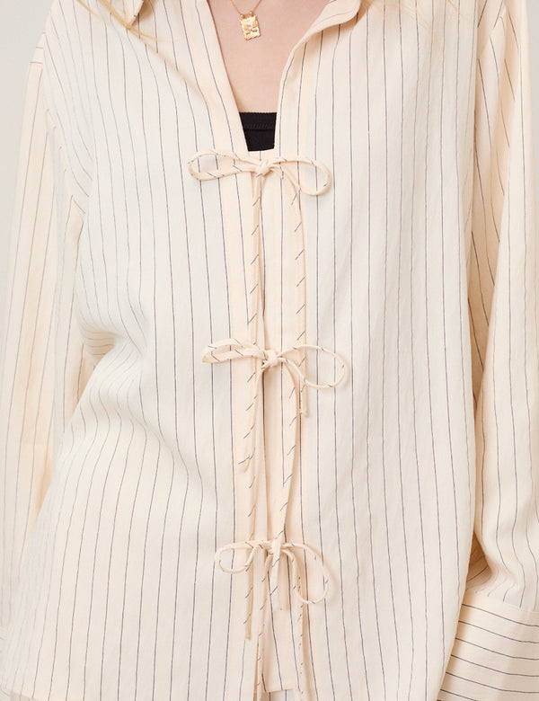 Cream Pinstripe Tie Front Shirt