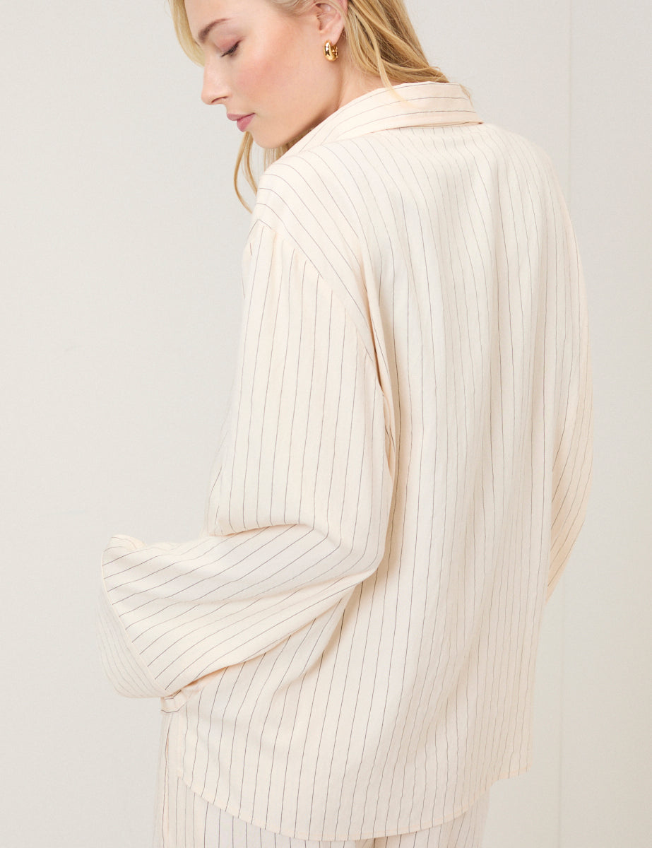 Cream Pinstripe Tie Front Shirt