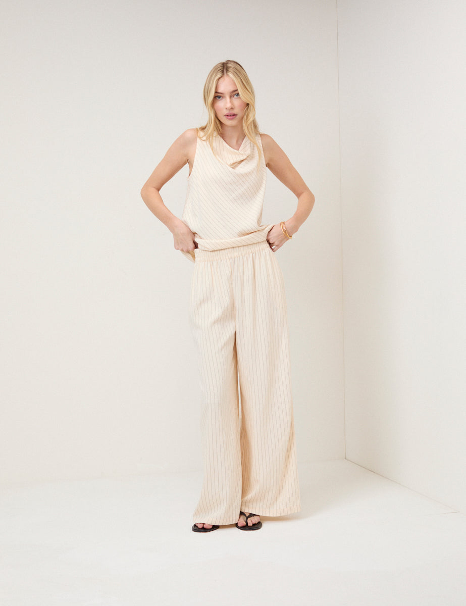 Cream Pinstripe Wide Leg Trousers