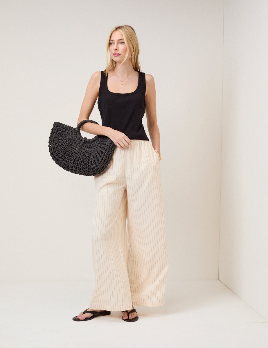 Cream Pinstripe Wide Leg Trousers