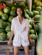 Cream Embroided Shirt & Shorts Set