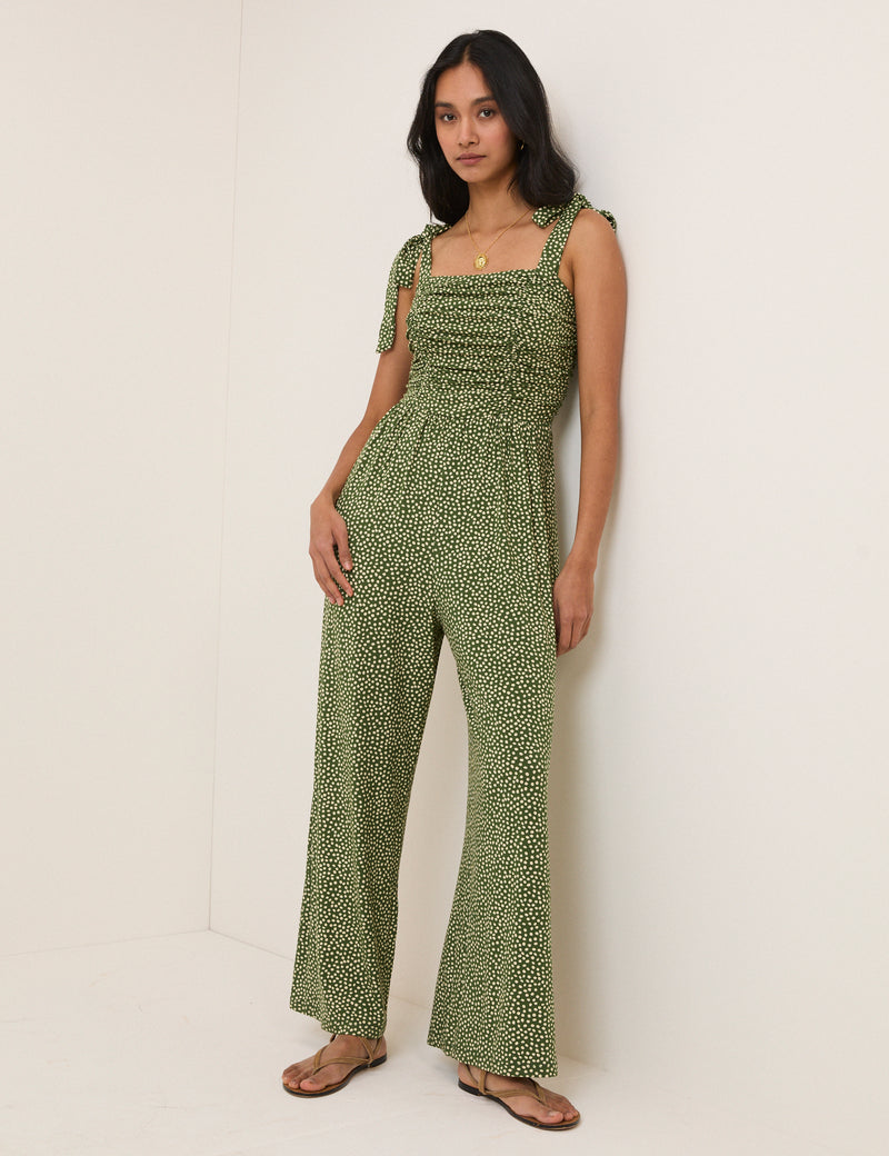 Green Polka Dot Tie Shoulder Jersey Jumpsuit