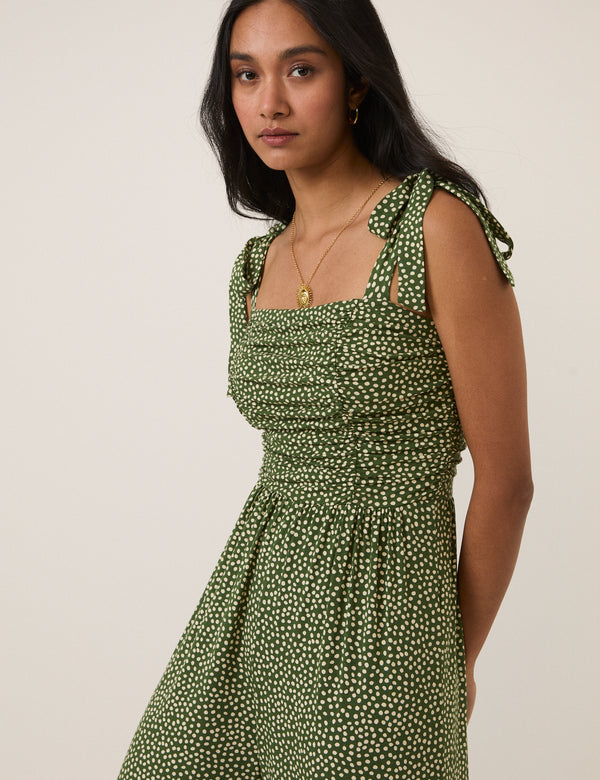 Green Polka Dot Tie Shoulder Jersey Jumpsuit