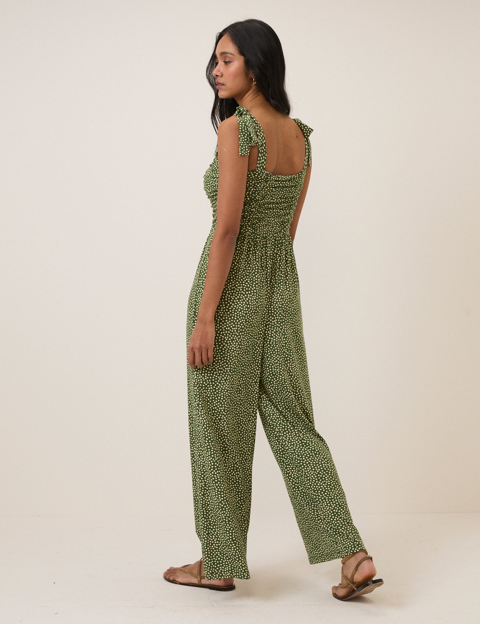 Green Polka Dot Tie Shoulder Jumpsuit