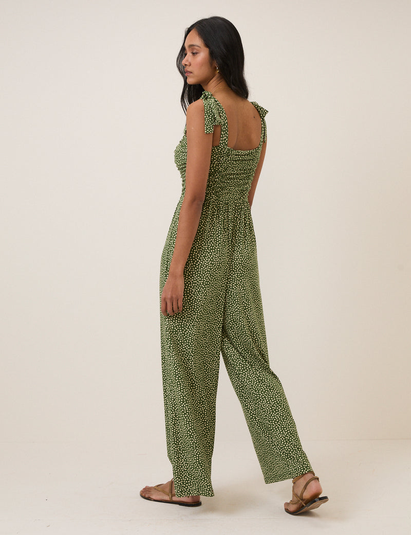 Green Polka Dot Tie Shoulder Jersey Jumpsuit