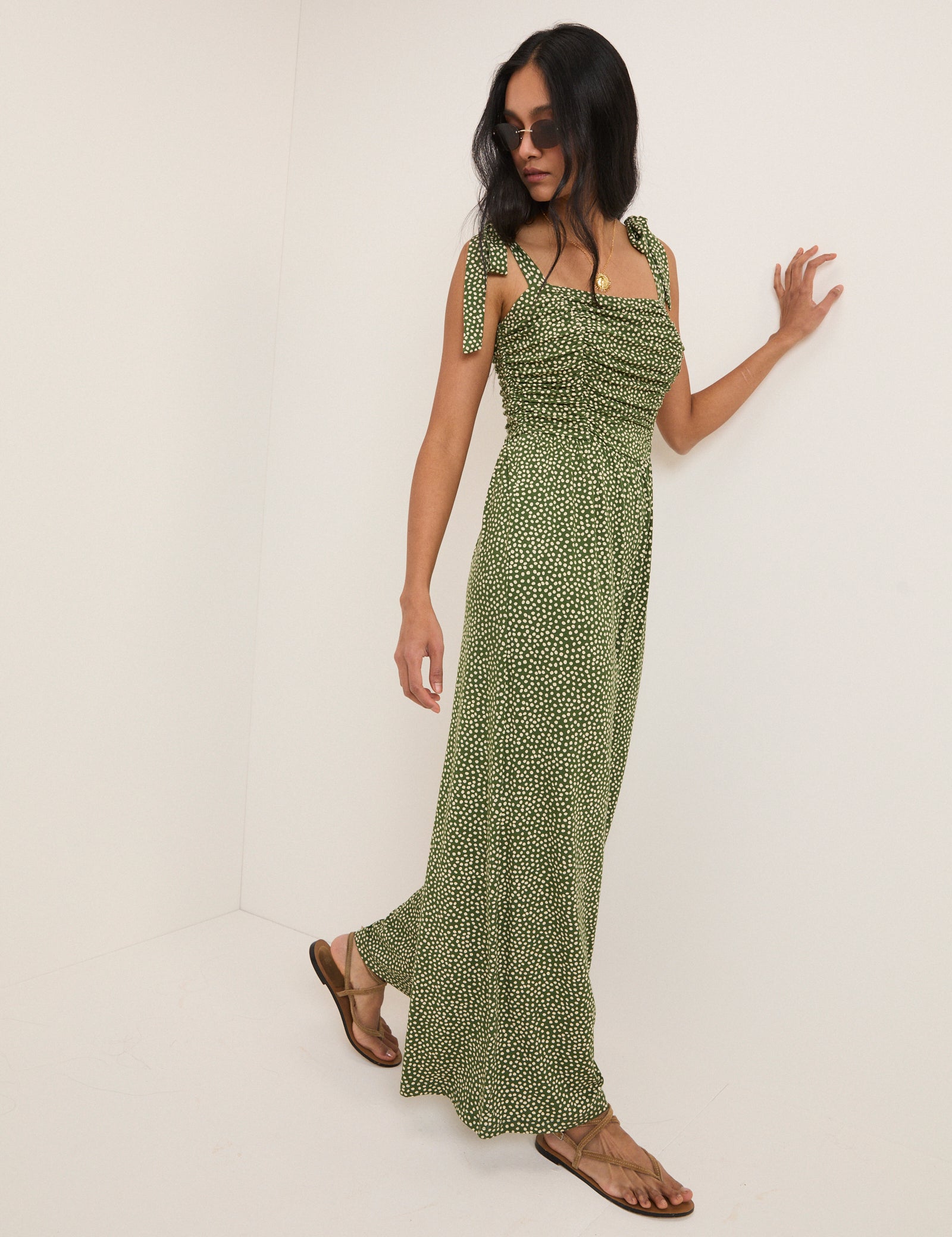 Green Polka Dot Tie Shoulder Jumpsuit