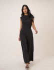 Black Boat Neck Jersey Sleeveless Jersey Jumpsuit