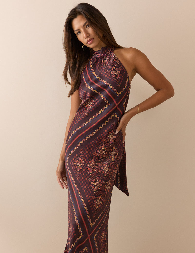 Brown Paisley Tile Print Fifi Maxi Dress
