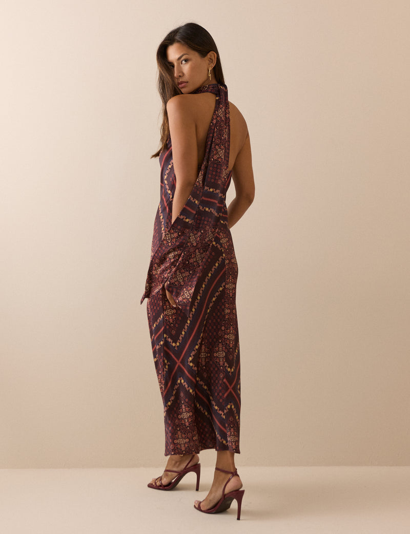 Brown Paisley Tile Print Fifi Maxi Dress