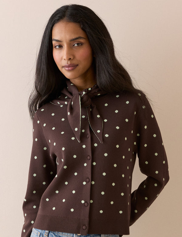 Polka Dot Jacquard Cardigan With Neck Tie
