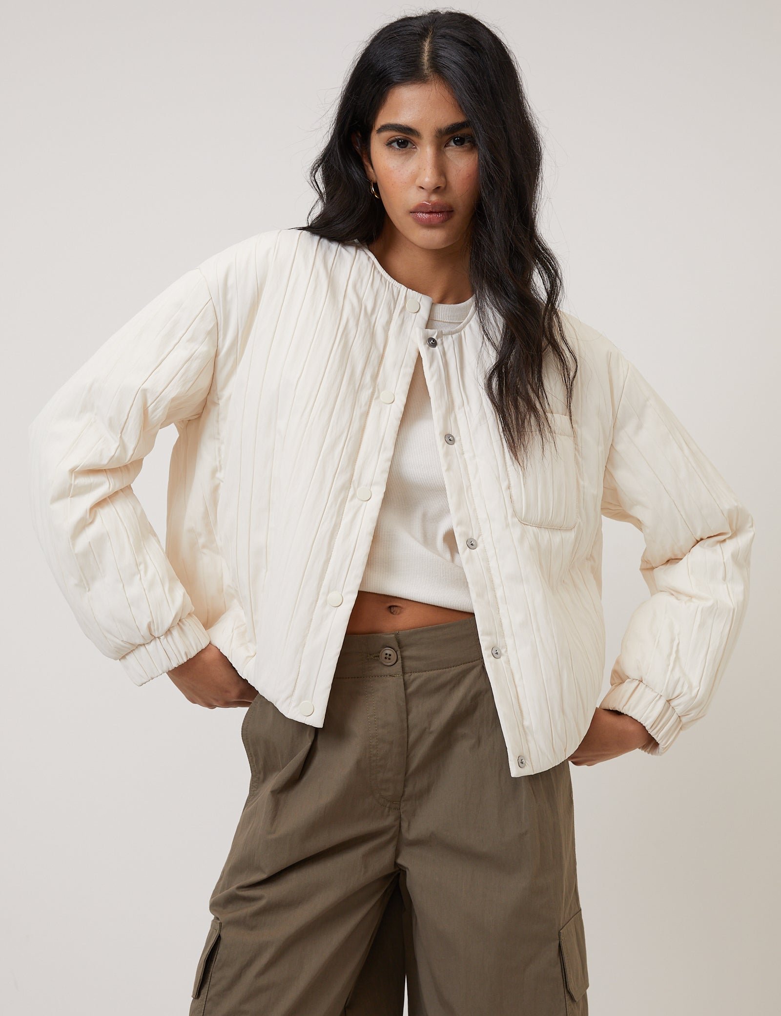 Cream Quilted Bomber Jacket