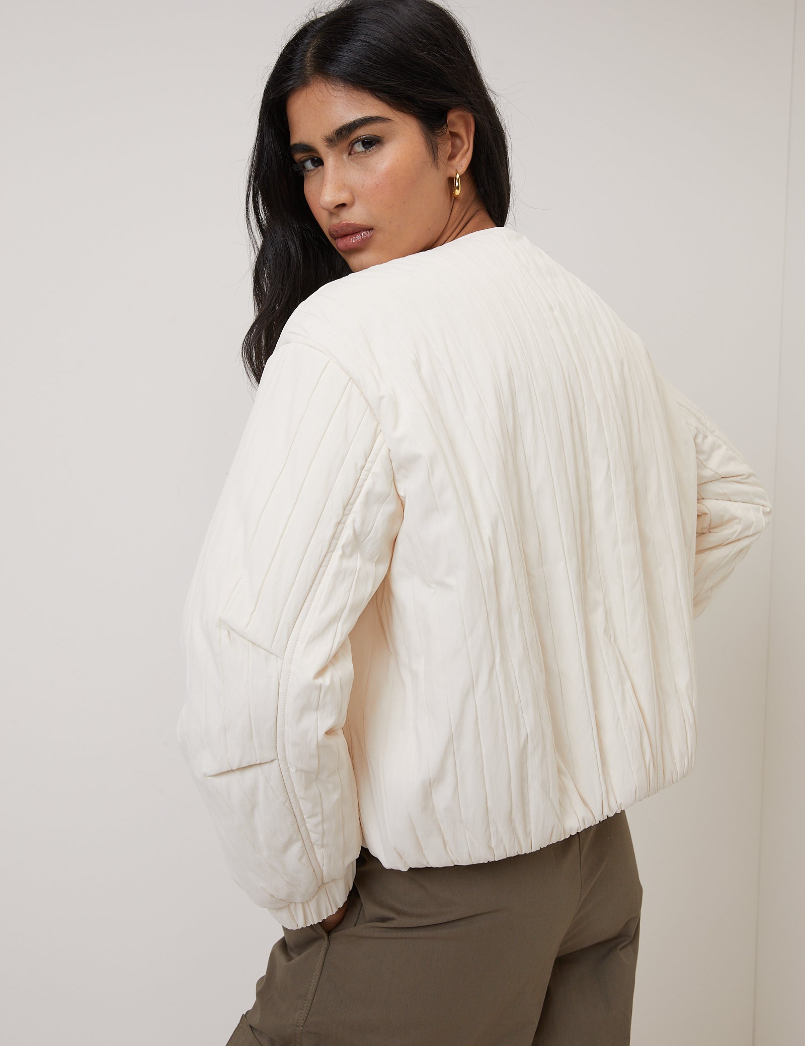 Cream Quilted Bomber Jacket