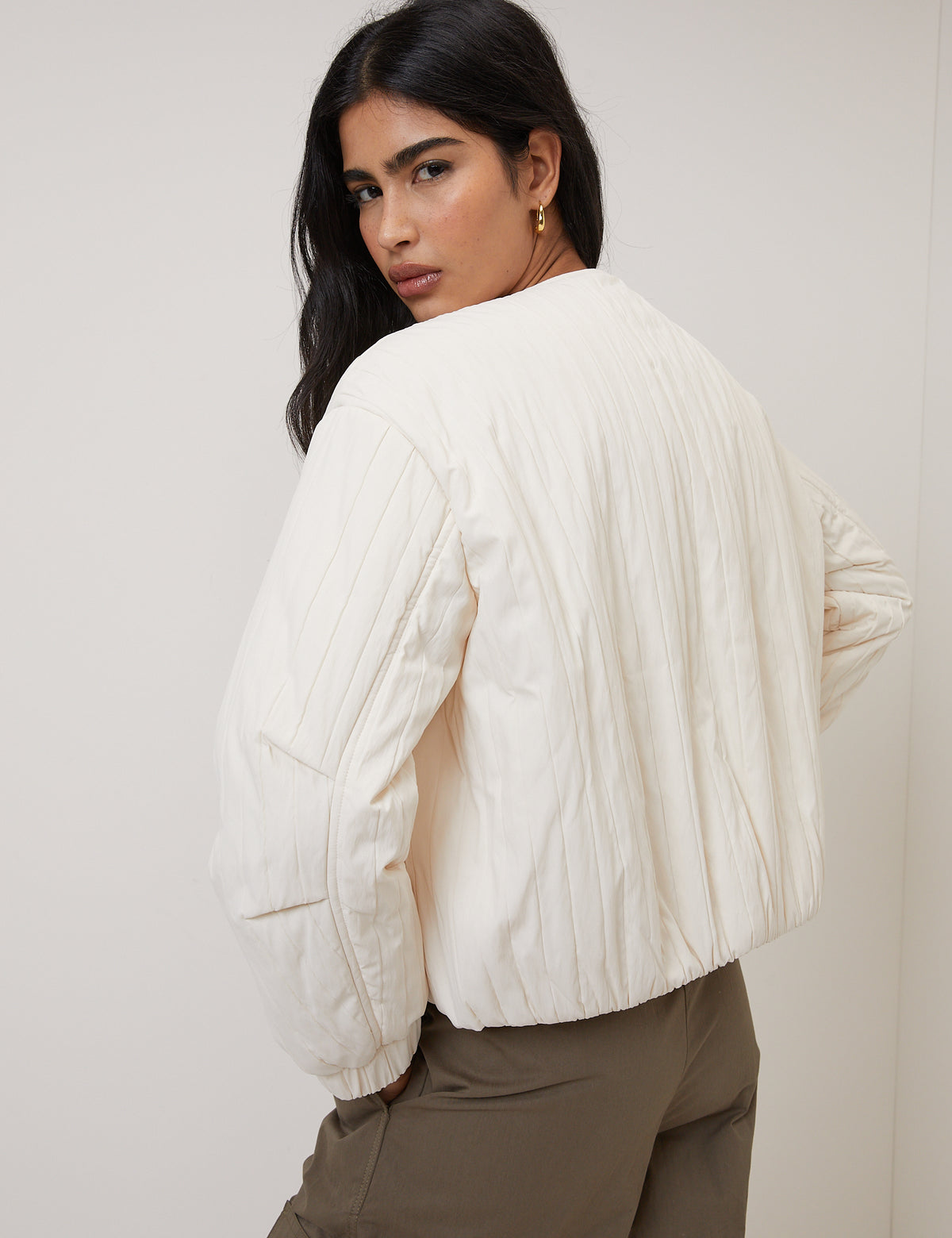 Cream Quilted Bomber Jacket