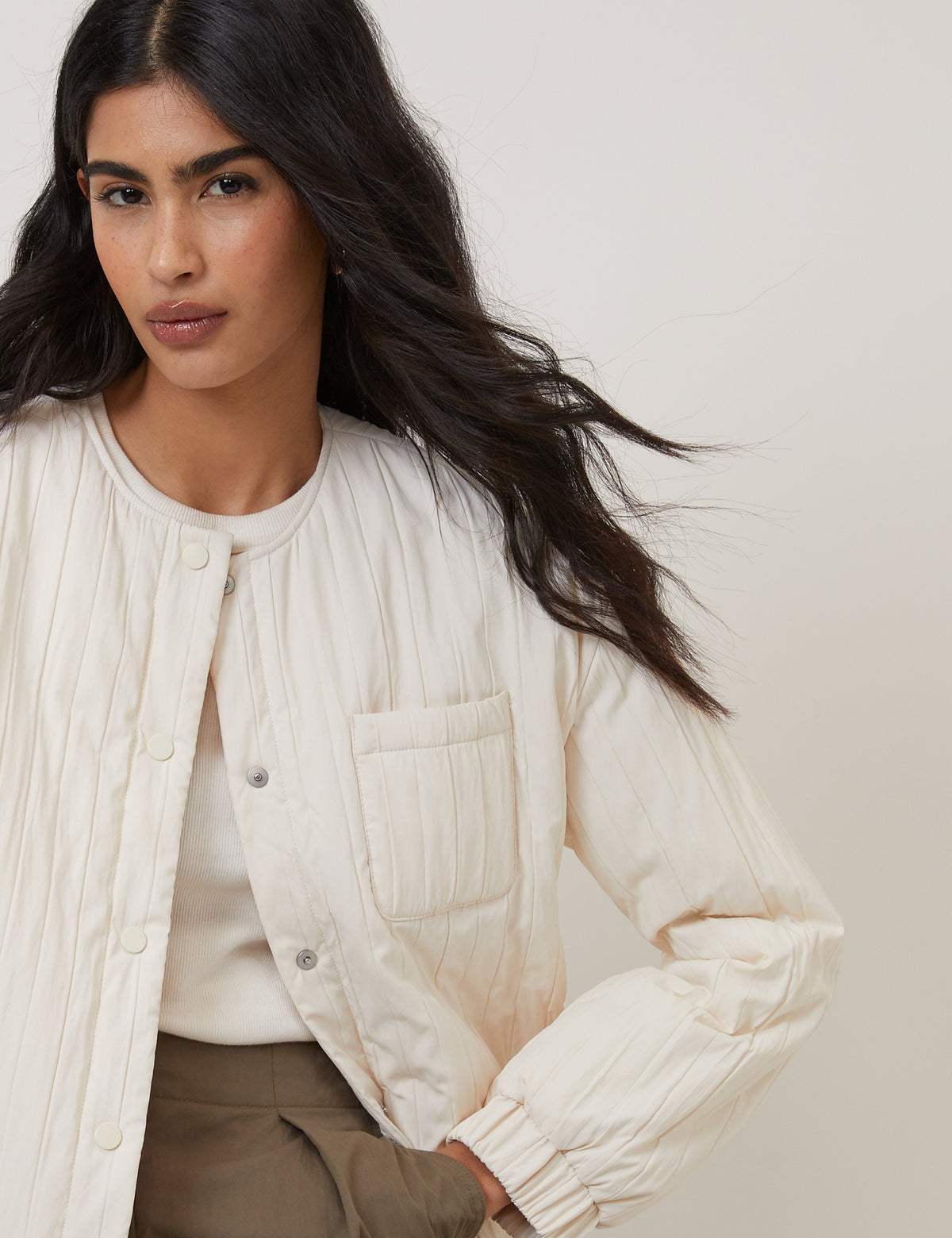 Cream Quilted Bomber Jacket