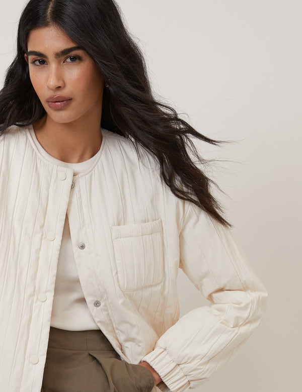 Cream Quilted Bomber Jacket