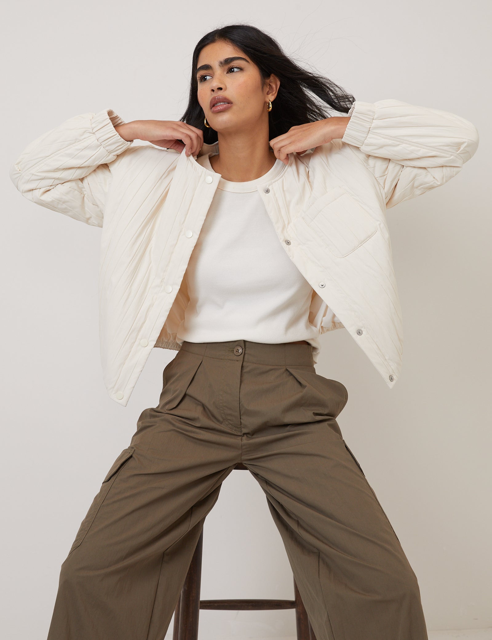 Cream Quilted Bomber Jacket