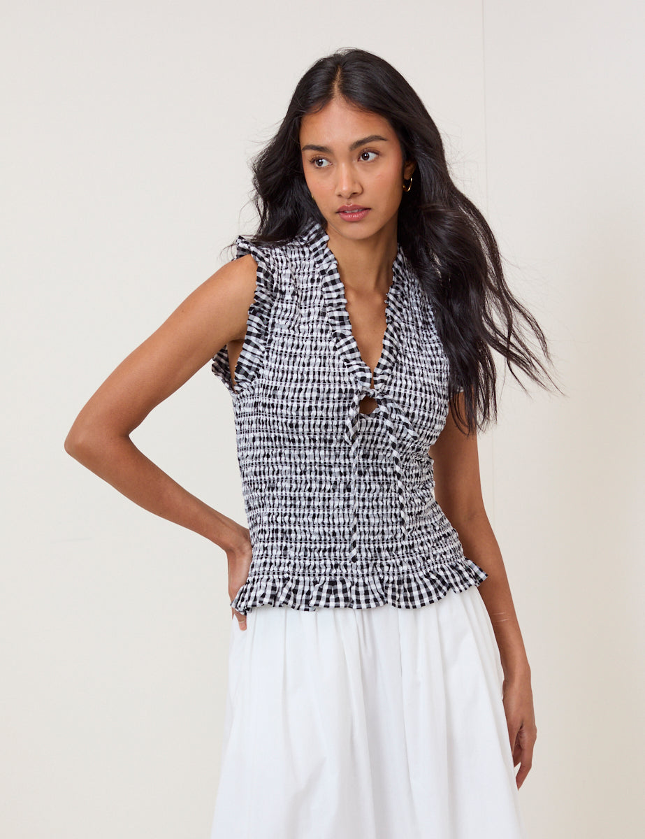 Black Gingham Shirred V-Neck Top