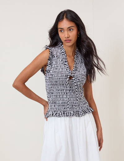 Black Gingham Shirred V-Neck Top
