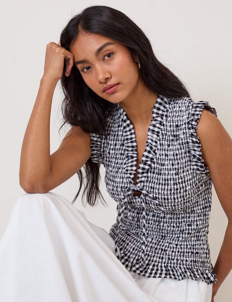 Black Gingham Shirred V-Neck Top