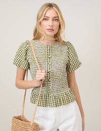 Green Gingham Puff Sleeve Top