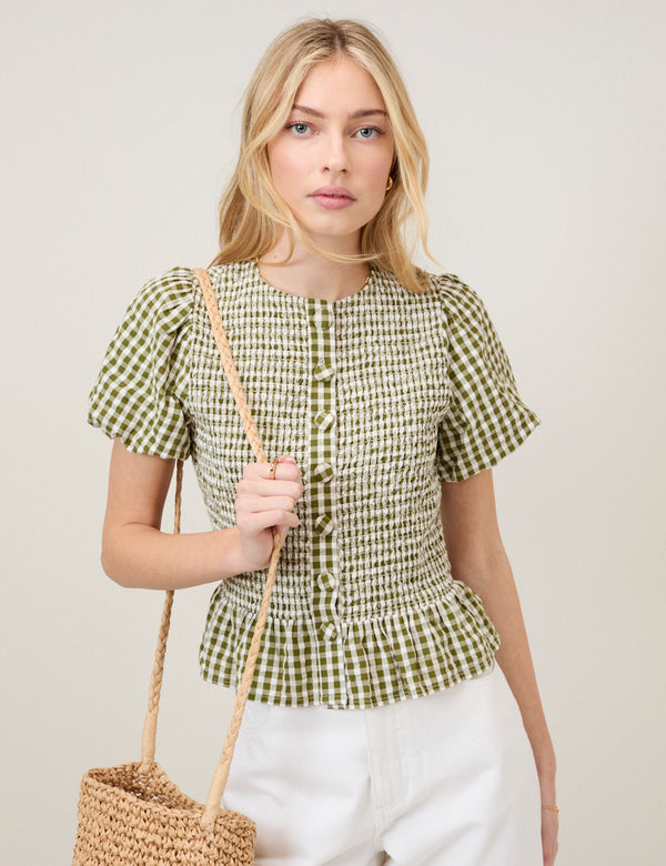 Green Gingham Puff Sleeve Top