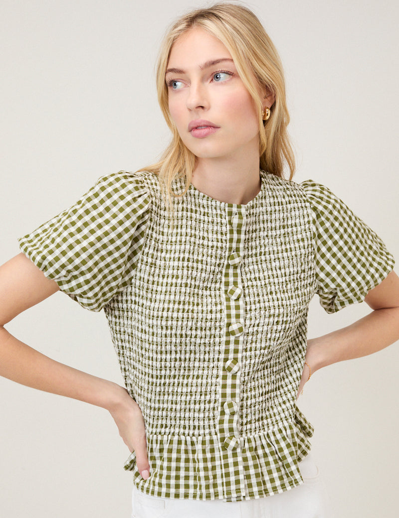 Green Gingham Puff Sleeve Top