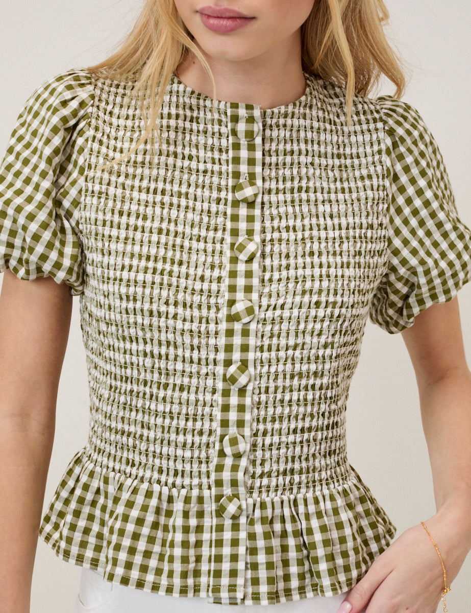 Green Gingham Puff Sleeve Top