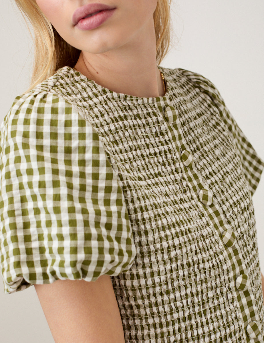 Green Gingham Puff Sleeve Top