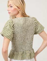Green Gingham Puff Sleeve Top
