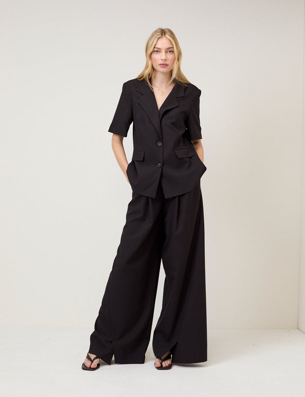 Black Pleated Wide Leg Trousers
