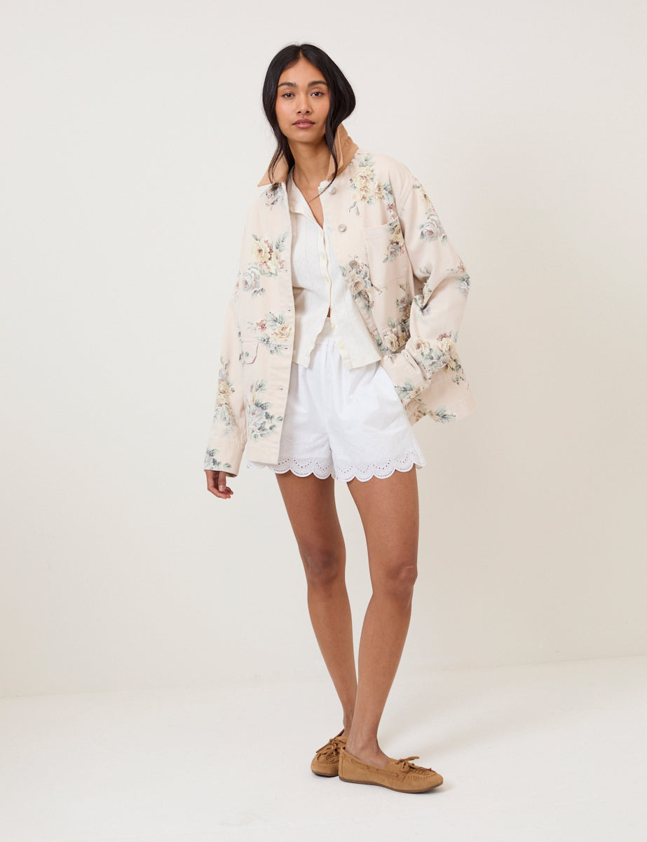 Light Pink Denim Floral Cord Collar Jacket