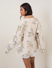 Light Pink Denim Floral Cord Collar Jacket