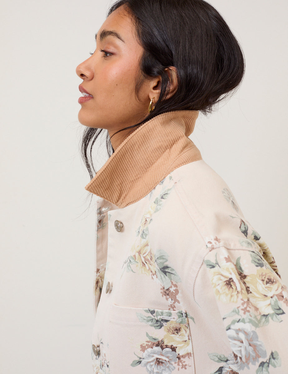 Light Pink Denim Floral Cord Collar Jacket