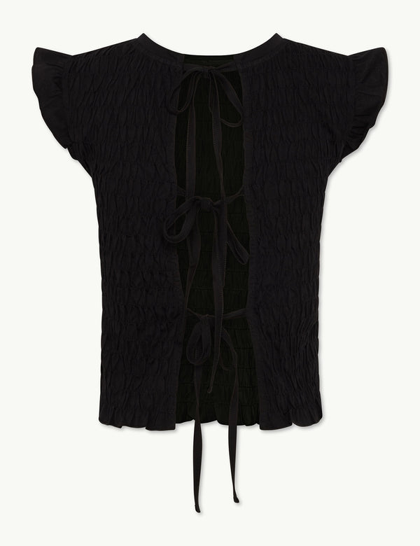 Black Shirred Tie Back Top
