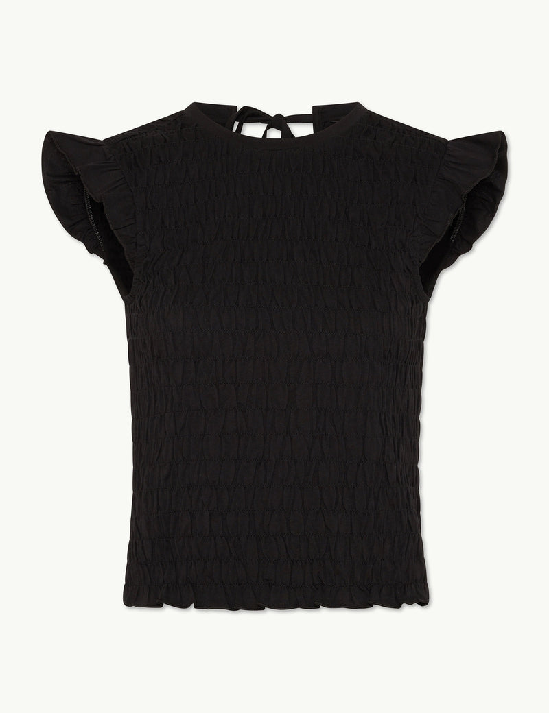 Black Shirred Tie Back Top