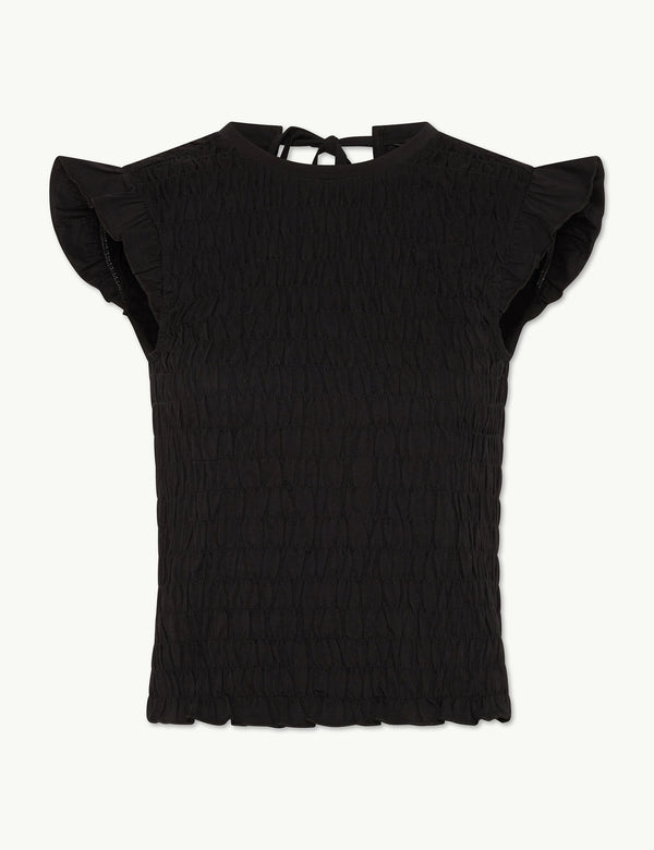 Black Shirred Tie Back Top