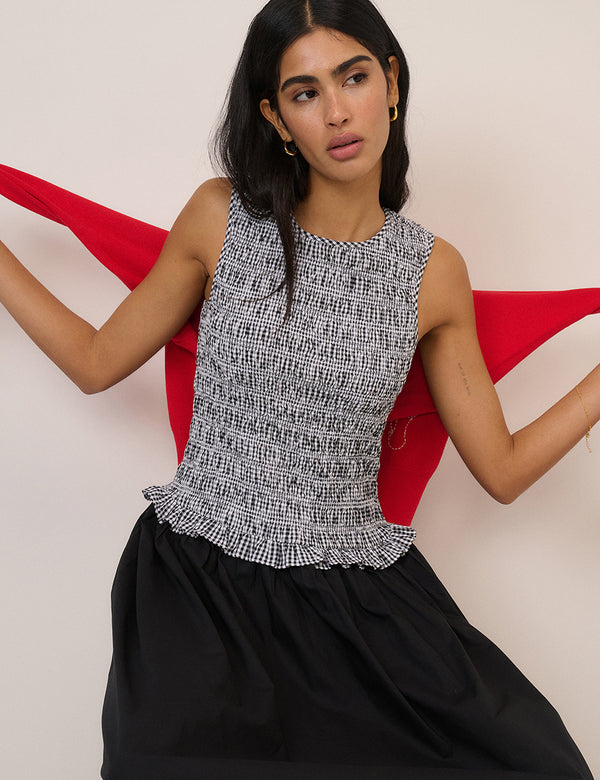 Gingham Shirred Bodice Drina Midi Dress