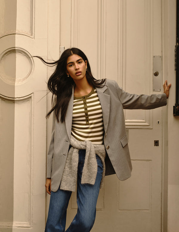 Green Striped Ribbed Jersey Top