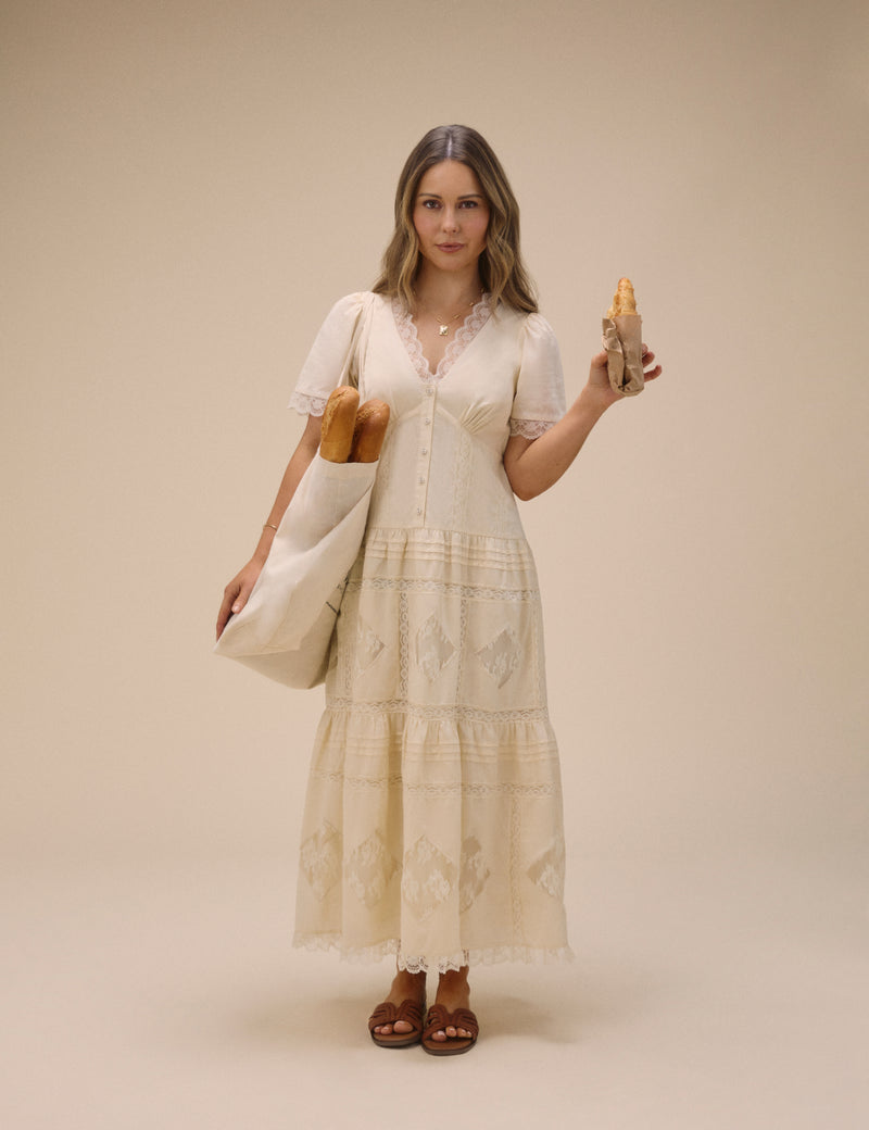 cream lace trim pleated midi dress Embroidered Lace Trim Midi Dress