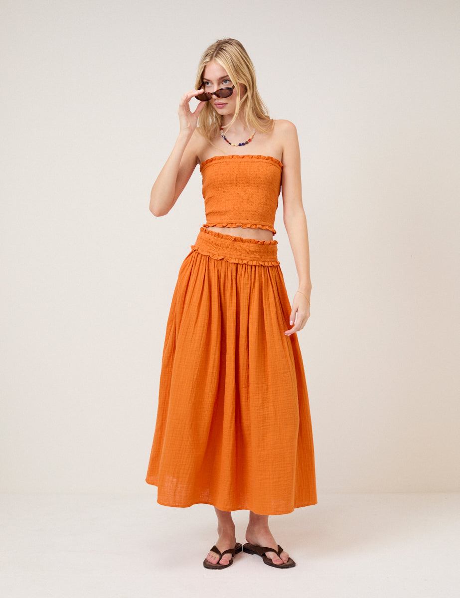 Orange High Waist Midi Skirt