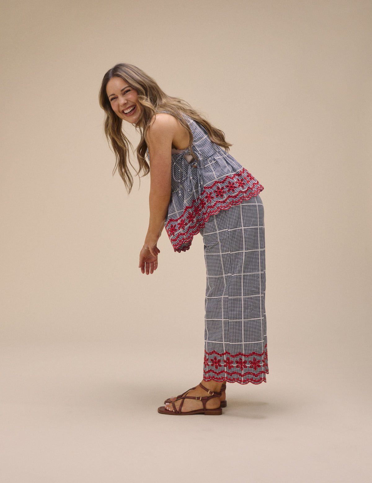 Black Gingham Embroidered Cropped Trousers