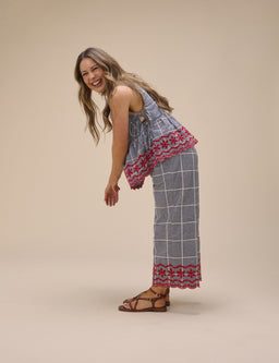 Black Gingham Embroidered Cropped Trousers