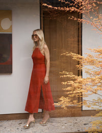 Red Linen-Blend Open Back Arabella Midi Dress