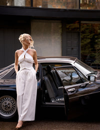 White Pinstripe Halterneck Wide Leg Nat Jumpsuit